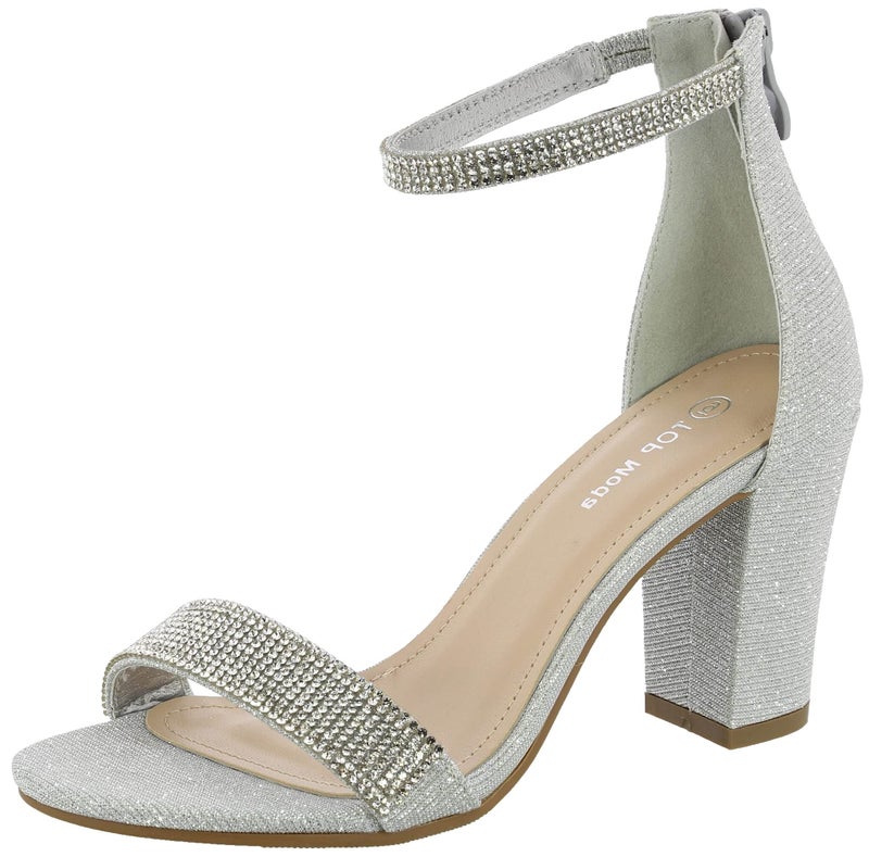 TOP Moda Gallery-45 Ankle Strap Dressy High Heel Sandal, Non-slip Sole, For Wedding, Party, Prom, Evening Wear, or Any Occasion, Sleek Style Block Heel Sandals, Silver Glitter, 8 - Image 2