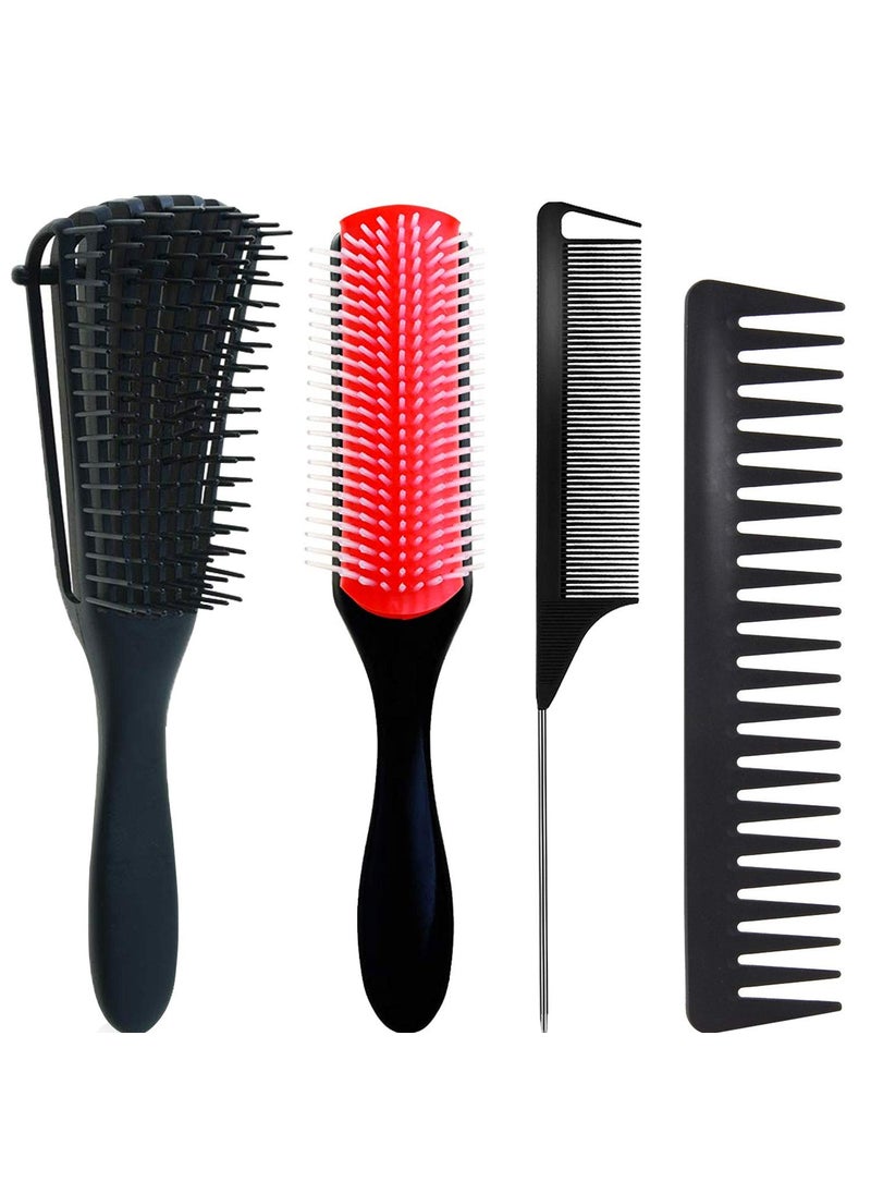 WEXNECOWKZ - 4 Pcs Detangling Brush Set 9Row Cushion Nylon Bristle Shampoo Brush Rattail Comb Wide Tooth Comb Detangler Hair Comb for African Hair Textured Kinky Wavy Curly Wet Dry Oil Thick Hair - Image 1