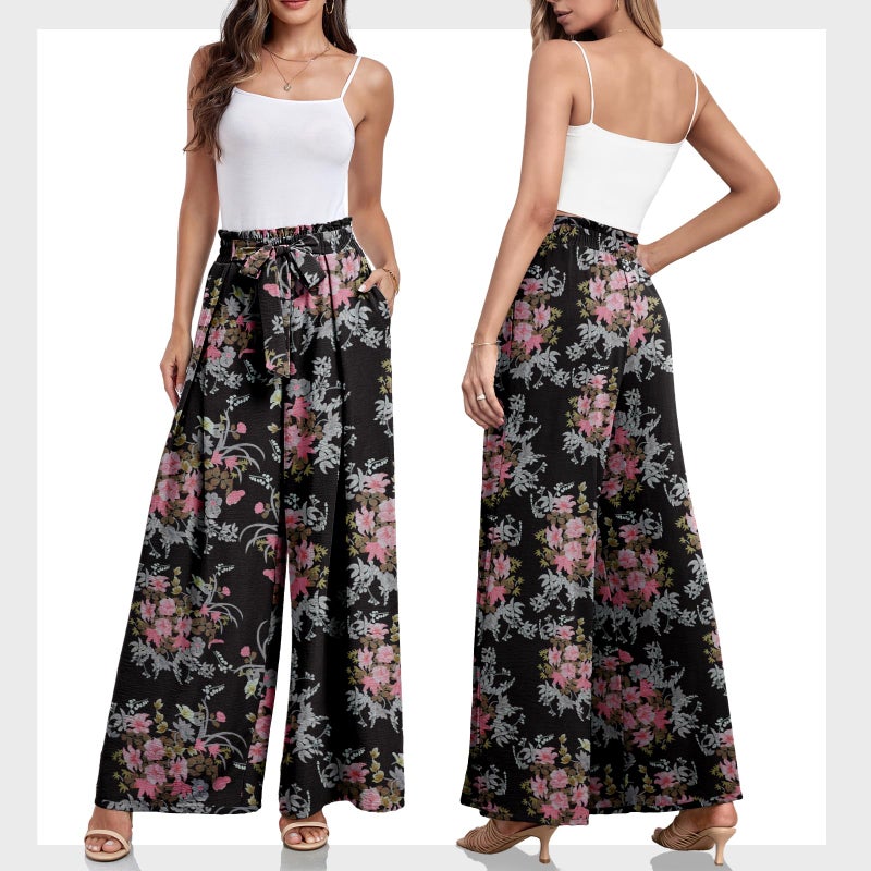 Lepunuo Womens High Waisted Palazzo Pants Casual Wide Leg Long Lounge Floral Pant Trousers with Pocket - Image 5