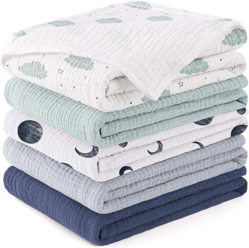 Susurration Baby Burp Cloths 5 Pack 100% Cotton Muslin Baby Washcloths 23.6 * 23.6 inch, Burping Cloths for Babies, Newborn Baby Boys Girls Essentials-Blue - Image 1