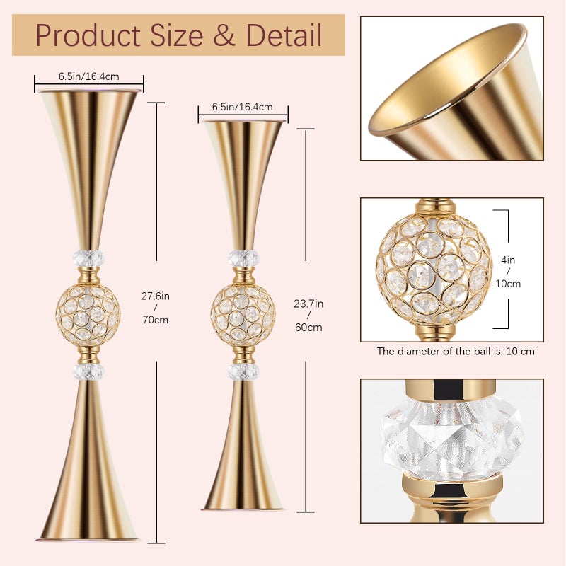 VIJIV Gold Crystal Flower Vases for Centerpieces Tables - Tall Trumpet Vase for Bouquet Decorative, Dining Table DÃ©cor Flower Stand with Ribbed Texture for Events, Bridal Showers & Boho Weddings - Image 3