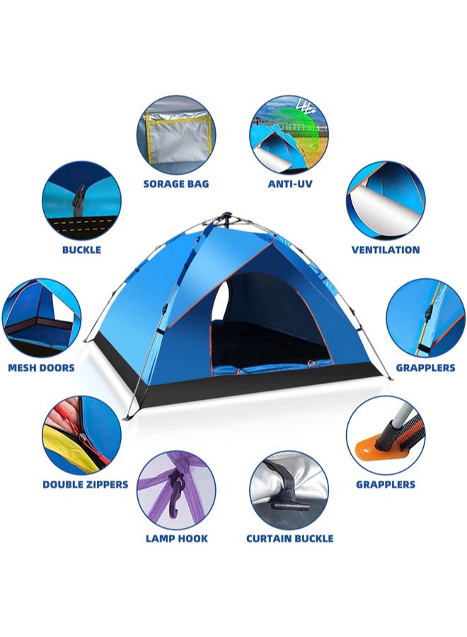 دنزوز خيمة التخييم 3-4 أشخاص منبثقة خيامًا قابلة للإزالة خيمة فورية 2 باب مقاوم للماء UV ، خيمة قبة للعائلة للعائلة النزهة الرياضية في الهواء الطلق مع حقيبة حمل - Image 4