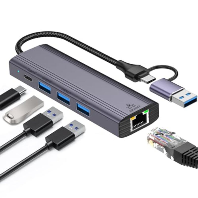 5-in-2 USB C to Ethernet Adapter 1000Mbps with 3*USB 3.0 and 1*USB C, USB 3.0 to RJ45 Gigabit LAN Network Adapter Nylon Braided and Aluminum Alloy Ethernet Hub for PS4/5, iPad, MacBook, Surface, Dell XPS - Image 1