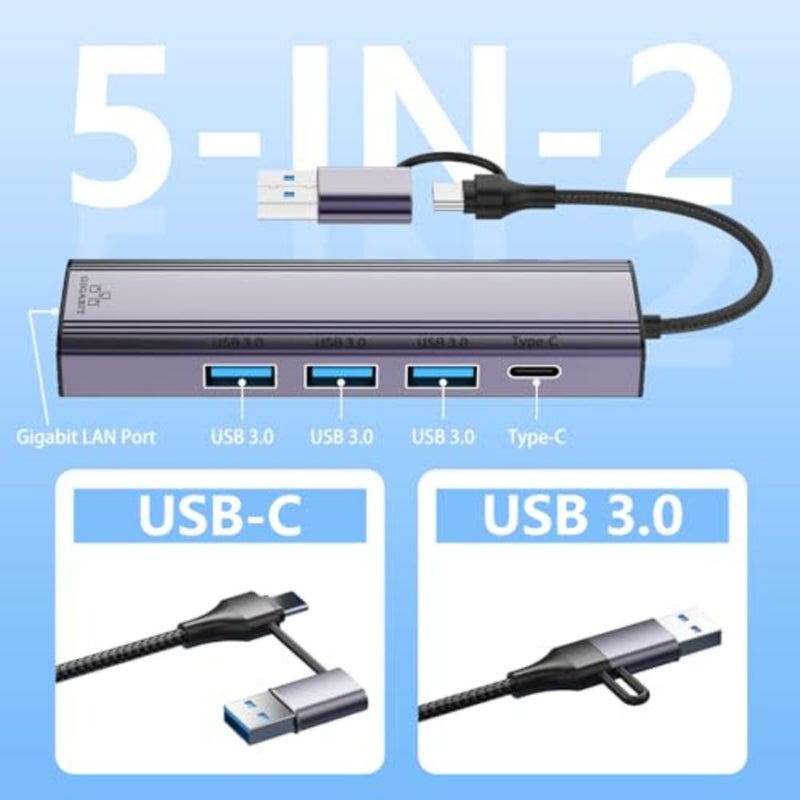 5-in-2 USB C to Ethernet Adapter 1000Mbps with 3*USB 3.0 and 1*USB C, USB 3.0 to RJ45 Gigabit LAN Network Adapter Nylon Braided and Aluminum Alloy Ethernet Hub for PS4/5, iPad, MacBook, Surface, Dell XPS - Image 5