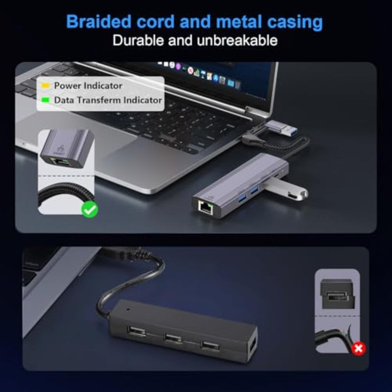 5-in-2 USB C to Ethernet Adapter 1000Mbps with 3*USB 3.0 and 1*USB C, USB 3.0 to RJ45 Gigabit LAN Network Adapter Nylon Braided and Aluminum Alloy Ethernet Hub for PS4/5, iPad, MacBook, Surface, Dell XPS - Image 4