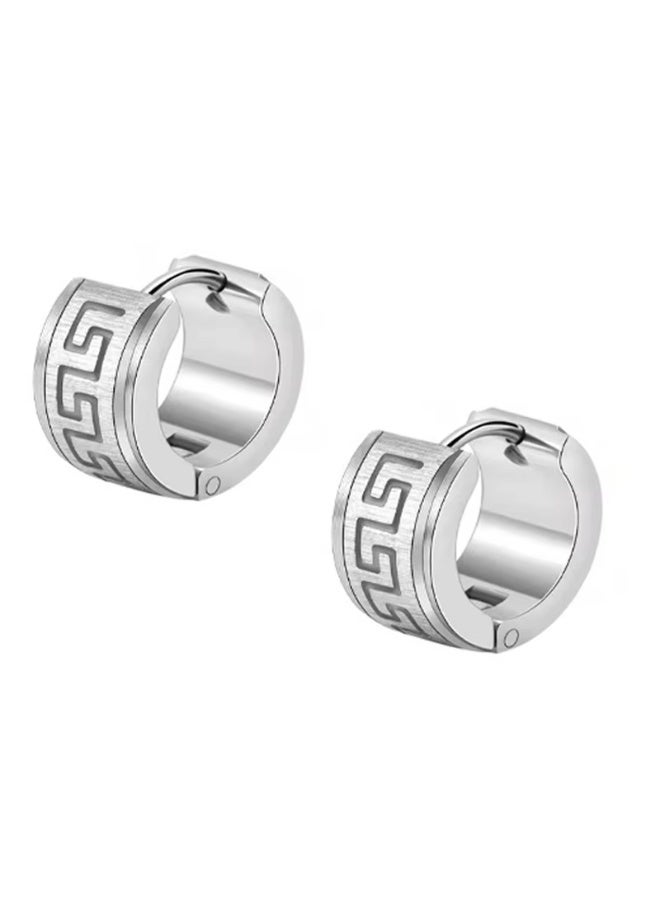 Earss Men’s Polished Silver Stainless Steel Hoop Earrings – Greek Key Pattern | 14mm Huggie Earrings | Shiny Non-Fade, Hypoallergenic Stainless Steel for Men & Boys - Image 1