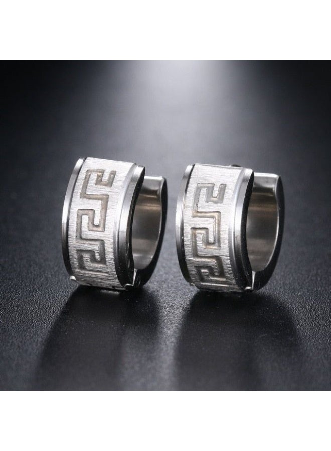 Earss Men’s Polished Silver Stainless Steel Hoop Earrings – Greek Key Pattern | 14mm Huggie Earrings | Shiny Non-Fade, Hypoallergenic Stainless Steel for Men & Boys - Image 4