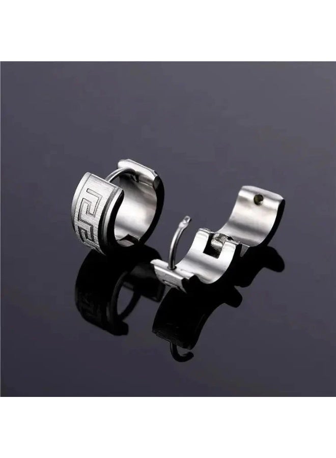 Earss Men’s Polished Silver Stainless Steel Hoop Earrings – Greek Key Pattern | 14mm Huggie Earrings | Shiny Non-Fade, Hypoallergenic Stainless Steel for Men & Boys - Image 3