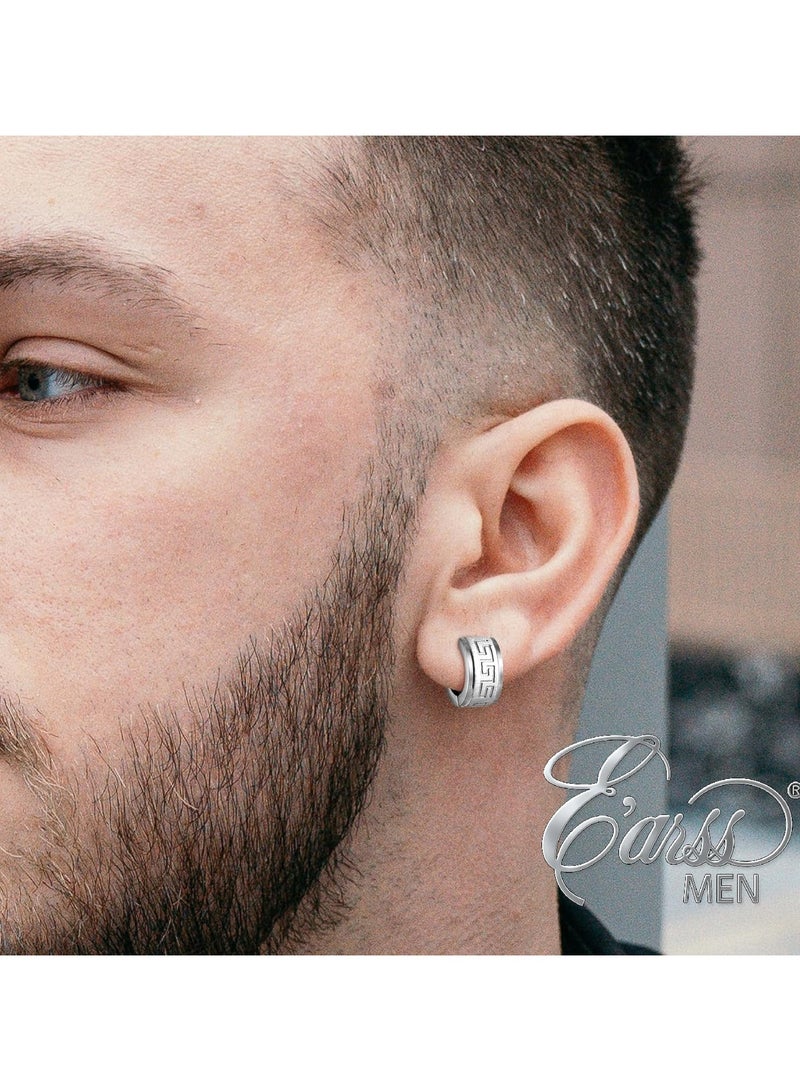 Earss Men’s Polished Silver Stainless Steel Hoop Earrings – Greek Key Pattern | 14mm Huggie Earrings | Shiny Non-Fade, Hypoallergenic Stainless Steel for Men & Boys - Image 2