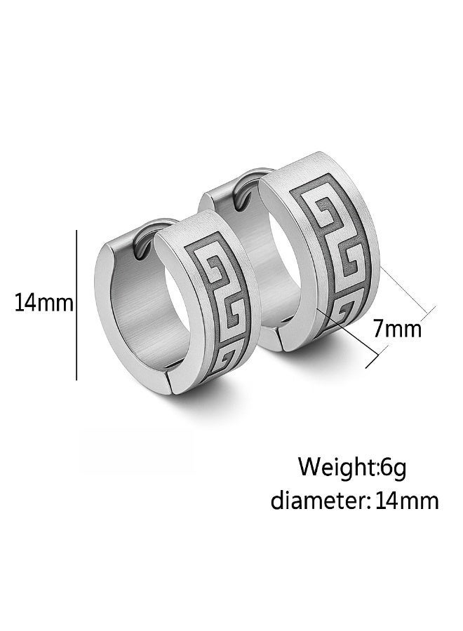 Earss Men’s Polished Silver Stainless Steel Hoop Earrings – Greek Key Pattern | 14mm Huggie Earrings | Shiny Non-Fade, Hypoallergenic Stainless Steel for Men & Boys - Image 5