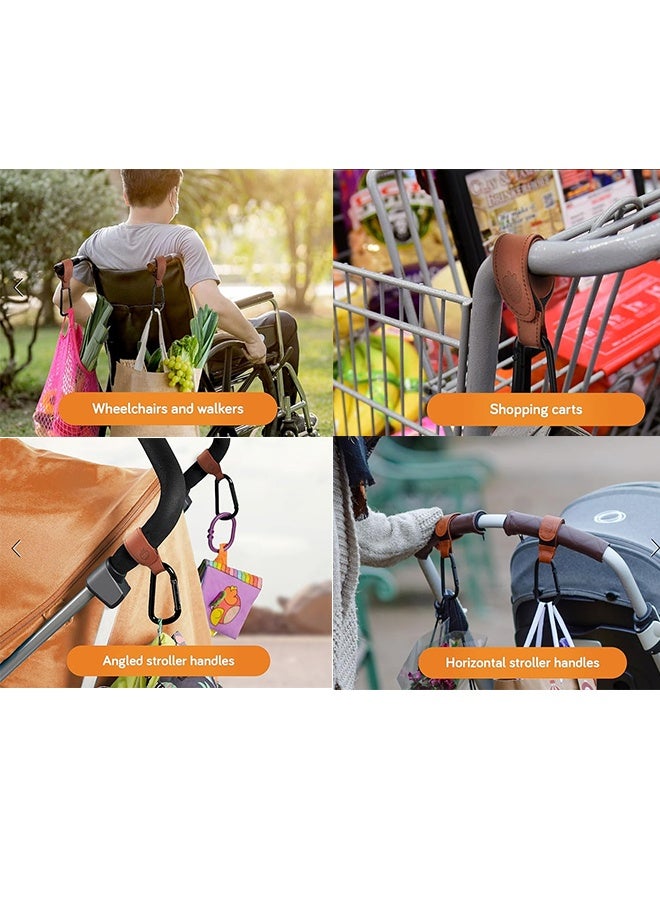 Baby Stroller Hooks - 2-Pack of Leather-Style Stroller Accessories, Non-Slip Stroller Clips, Carry 11 lbs per Stroller Bag Hook, Universal Hooks, 2 x Stroller Carabiner Clip (Camel) - Image 3