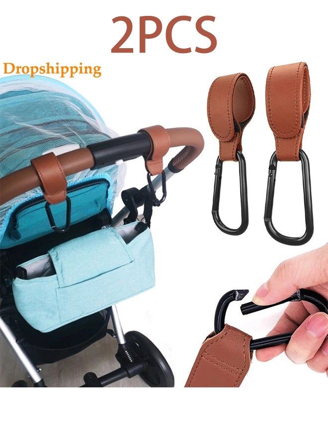 Baby Stroller Hooks - 2-Pack of Leather-Style Stroller Accessories, Non-Slip Stroller Clips, Carry 11 lbs per Stroller Bag Hook, Universal Hooks, 2 x Stroller Carabiner Clip (Camel) - Image 1