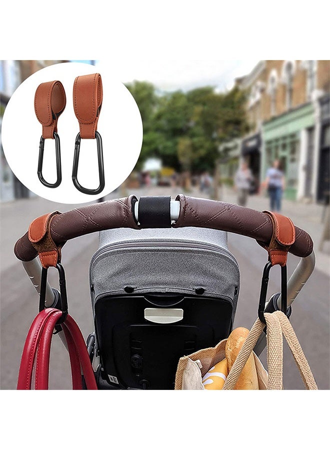 Baby Stroller Hooks - 2-Pack of Leather-Style Stroller Accessories, Non-Slip Stroller Clips, Carry 11 lbs per Stroller Bag Hook, Universal Hooks, 2 x Stroller Carabiner Clip (Camel) - Image 4