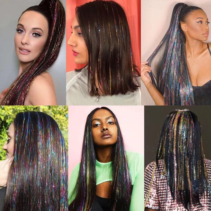 CelineBella Galaxy Brown Hair Tinsel Kit, Mixed Colors Fairy Hair,Colorful Glitter Tinsel Hair Highlights for Women Cosplay Party Halloween Daily Use (Galaxy+Coffee, 48 Inches Pack of 8 PCs) - Image 5