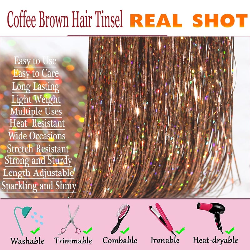 CelineBella Galaxy Brown Hair Tinsel Kit, Mixed Colors Fairy Hair,Colorful Glitter Tinsel Hair Highlights for Women Cosplay Party Halloween Daily Use (Galaxy+Coffee, 48 Inches Pack of 8 PCs) - Image 3