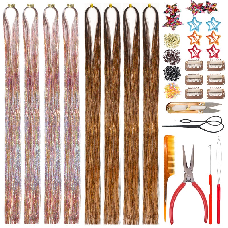 CelineBella Galaxy Brown Hair Tinsel Kit, Mixed Colors Fairy Hair,Colorful Glitter Tinsel Hair Highlights for Women Cosplay Party Halloween Daily Use (Galaxy+Coffee, 48 Inches Pack of 8 PCs) - Image 1