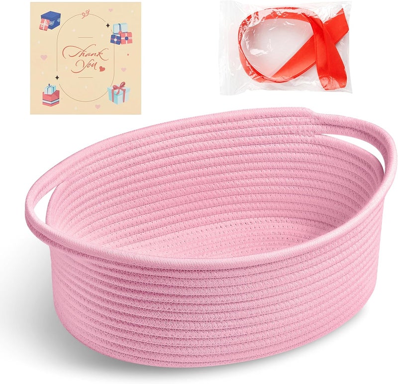 Bufims Small Woven Pink Gifts Basket for Storage Empty with Ribbons and Bags Durable Cute Gifts 12"X 8" X 5" Small Rope Basket for Gifting - Image 1