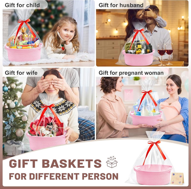 Bufims Small Woven Pink Gifts Basket for Storage Empty with Ribbons and Bags Durable Cute Gifts 12"X 8" X 5" Small Rope Basket for Gifting - Image 2