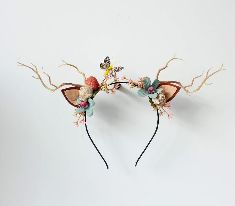 LLinfflr Deer Antler Cat Ear Headband with Flowers for Party Cosplay Costume - Image 3