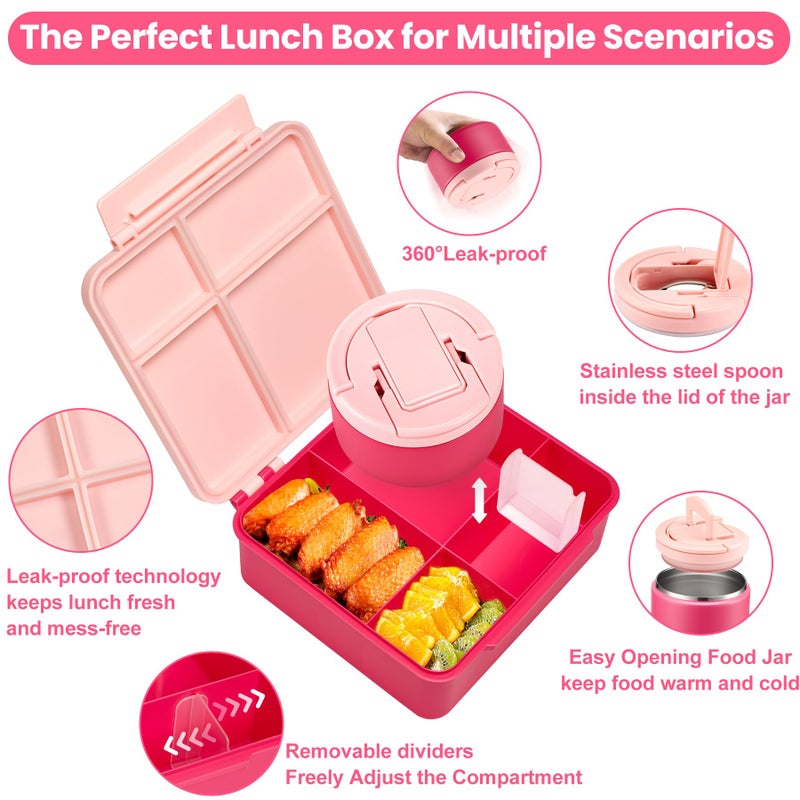 Howeemo Bento Lunch Box for Kids with 8oz Soup Thermo,Kids Leakproof Lunch Food Containers with 4 Compartment,Kid Insulated Thermo Hot Food Jar for School,Trvael-Pink - Image 2