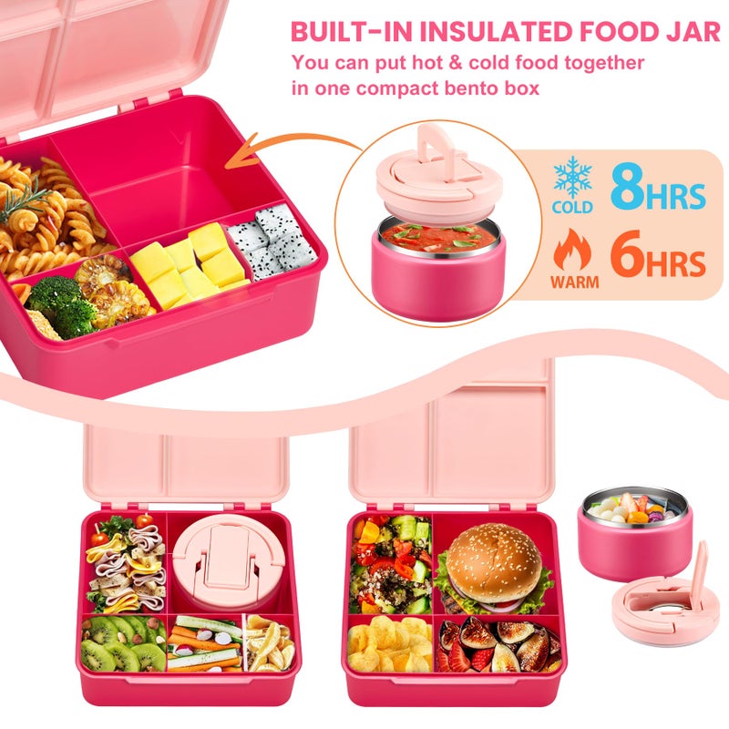 Howeemo Bento Lunch Box for Kids with 8oz Soup Thermo,Kids Leakproof Lunch Food Containers with 4 Compartment,Kid Insulated Thermo Hot Food Jar for School,Trvael-Pink - Image 5