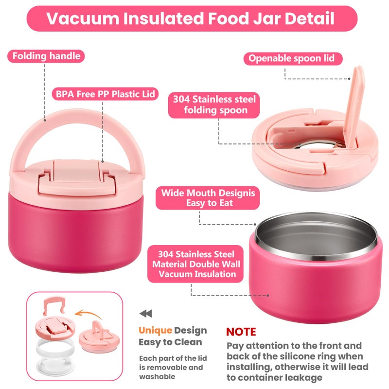 Howeemo Bento Lunch Box for Kids with 8oz Soup Thermo,Kids Leakproof Lunch Food Containers with 4 Compartment,Kid Insulated Thermo Hot Food Jar for School,Trvael-Pink - Image 4