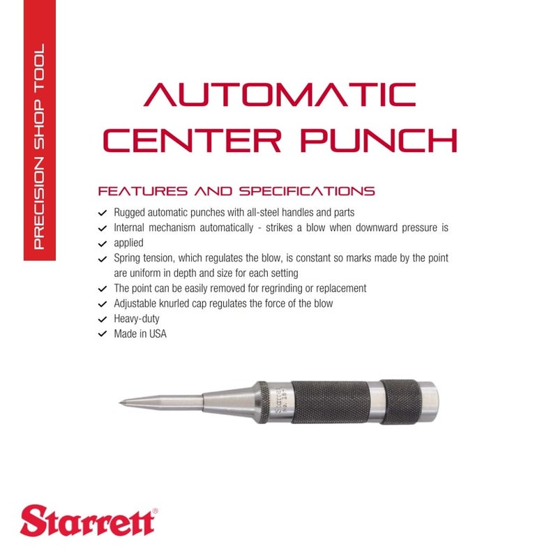 Starrett Steel Automatic Center Punch with Adjustable Stroke - 5-1/4" (130mm) Length, 11/16" (17mm) Punch Diameter, Lightweight, Knurled Steel Handle - 18C - Image 2