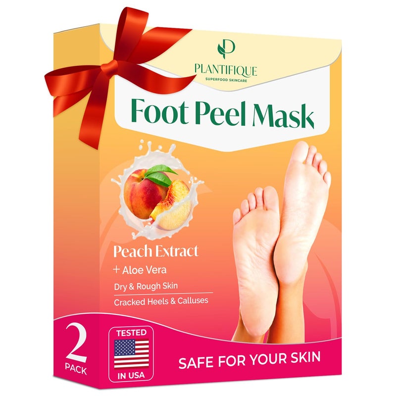 PLANTIFIQUE Foot Peeling Mask 2 Pack | Dermatologically Tested Repairs Heels & Removes Dry Dead Skin for Baby Soft Feet | Exfoliating Foot Peel Mask for Dry Cracked Feet | Peach - Image 1