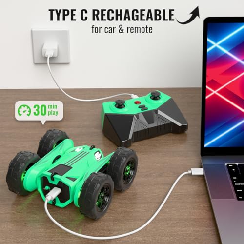 MaxTronic Remote Control Car Rechargeable RC Cars Remote Controller 20kmh Double Sided 360 Rotation Stunt Stunt Crawler with LED Lights for Boys Girls Aged 314 - Image 5