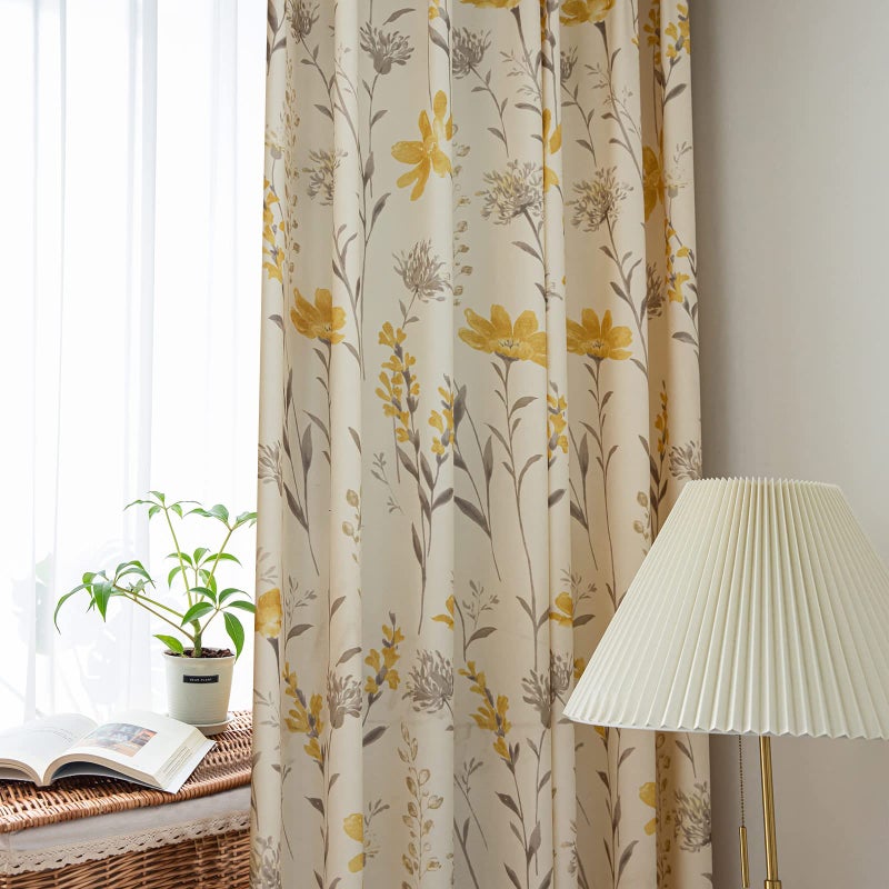 SUOUO Yellow Floral Chenille Curtains for Living Room Bedroom Grommet 96 Inches Long 2 Panels Light Filtering Patterned Grey Leaf Boho Window Drapes Sunflower - Image 1