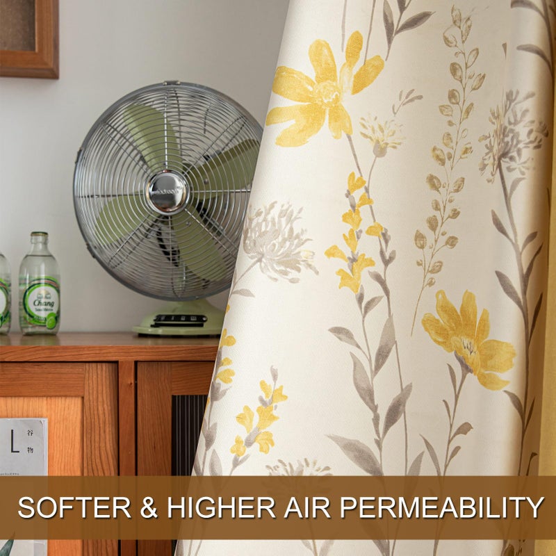 SUOUO Yellow Floral Chenille Curtains for Living Room Bedroom Grommet 96 Inches Long 2 Panels Light Filtering Patterned Grey Leaf Boho Window Drapes Sunflower - Image 4