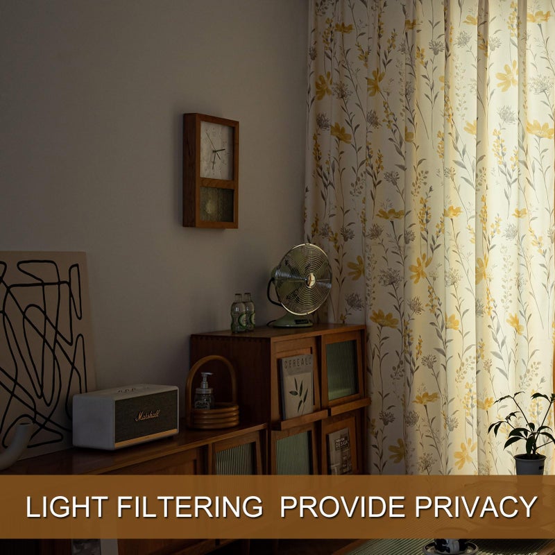 SUOUO Yellow Floral Chenille Curtains for Living Room Bedroom Grommet 96 Inches Long 2 Panels Light Filtering Patterned Grey Leaf Boho Window Drapes Sunflower - Image 5