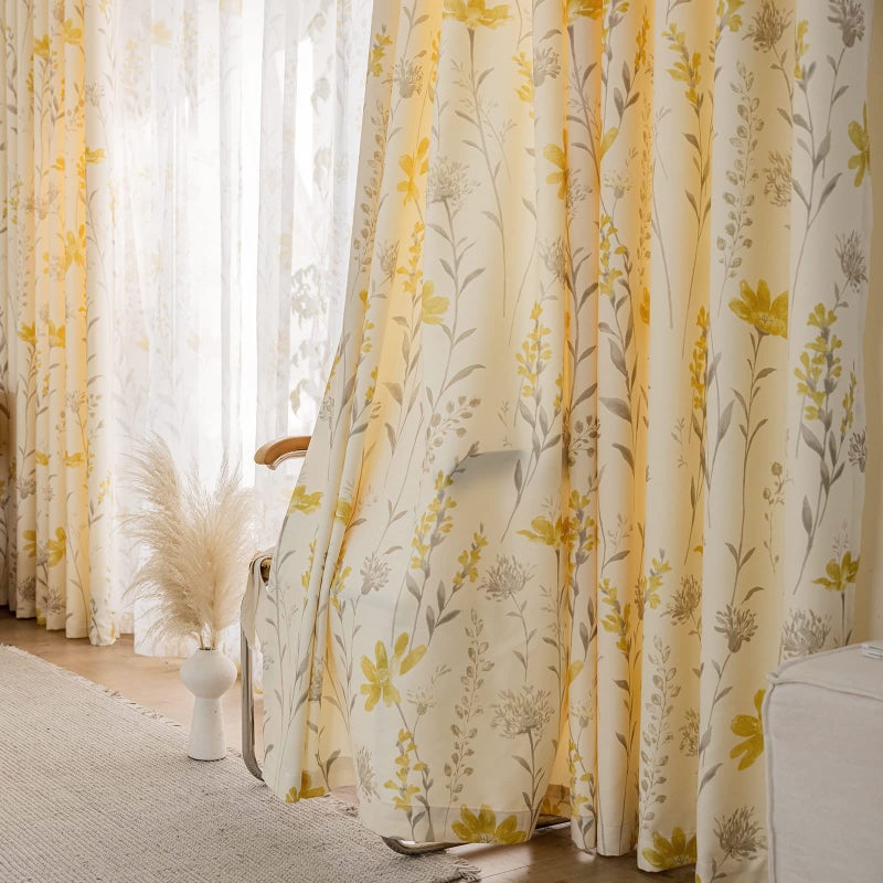 SUOUO Yellow Floral Chenille Curtains for Living Room Bedroom Grommet 96 Inches Long 2 Panels Light Filtering Patterned Grey Leaf Boho Window Drapes Sunflower - Image 3