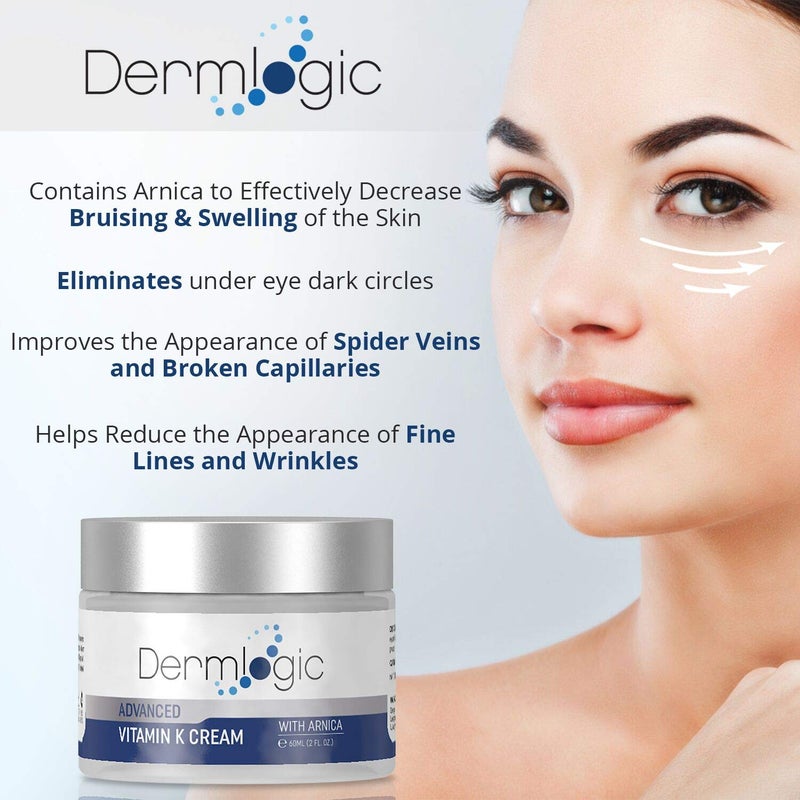 Dermlogic كريم فيتامين ك - تركيبة مرطبة لعلاج الكدمات. مصحح للبقع الداكنة للكدمات، الأوردة العنكبوتية والأوعية الدموية المكسورة. يقلل من الهالات السوداء تحت العين، الخطوط الدقيقة، الانتفاخ، والتجاعيد مع الأرنكا. - Image 2
