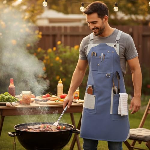 RUSTIQUE LINENS Work Apron – Stylish Cotton Apron with Rip Stop Weave, Waterproof & Breathable Membrane, Durable Tear Resistant, Chef, Kitchen, BBQ, Workshop & Gardening Apron-Steel Blue - Image 5
