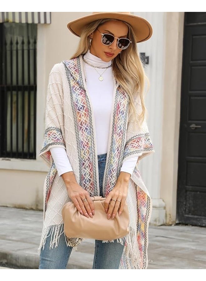 كاست ويف شال نسائي تريكو لفات شال اوفر سايز شال شتوي بونشو دافئ كاب مفتوح من الامام بشرابات كارديجان طويل - Image 3