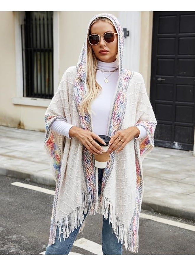 كاست ويف شال نسائي تريكو لفات شال اوفر سايز شال شتوي بونشو دافئ كاب مفتوح من الامام بشرابات كارديجان طويل - Image 4