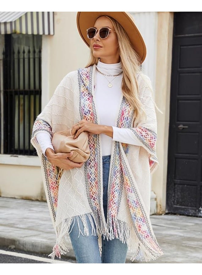 كاست ويف شال نسائي تريكو لفات شال اوفر سايز شال شتوي بونشو دافئ كاب مفتوح من الامام بشرابات كارديجان طويل - Image 5