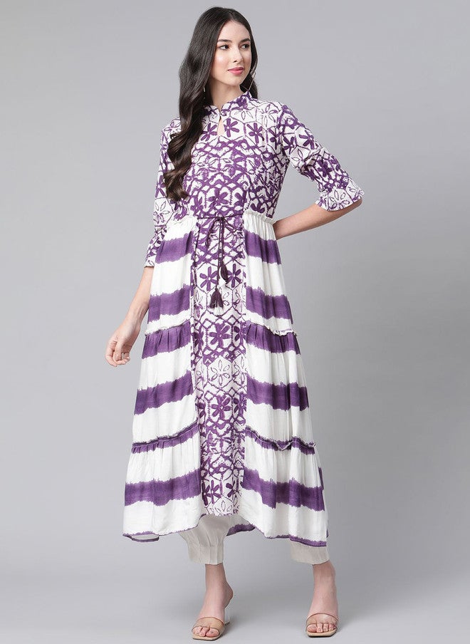 Indibelle Women Floral Printed Tie-Up Neck Fit & Flare Maxi Dress - Image 1