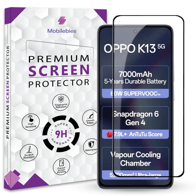 Mobilebies حماية شاشة زجاجية مقواة متميزة لهاتف أوبو K13 5G (6.67 بوصة، عبوة من 1) | تغطية من الحافة إلى الحافة مع مجموعة سهلة للتثبيت - Image 1