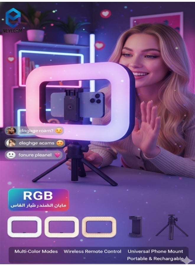 نييكام مصباح فيديو محمول من Neyecam بتقنية RGB مع 48 وضعًا للمؤثرات الخاصة، إضاءة LED ثنائية اللون بقوة 20 واط وبطارية قابلة لإعادة الشحن بسعة 8000 مللي أمبير في الساعة، نطاق درجة حرارة اللون 2500-8500 كلفن، مزود بجهاز تحكم عن بعد بتقنية البلوتوث ومشبك للهاتف الذكي، مثالي لتصوير الفيديوهات، التسجيل، المكياج، فيديوهات تيك توك ويوتيوب. - Image 2