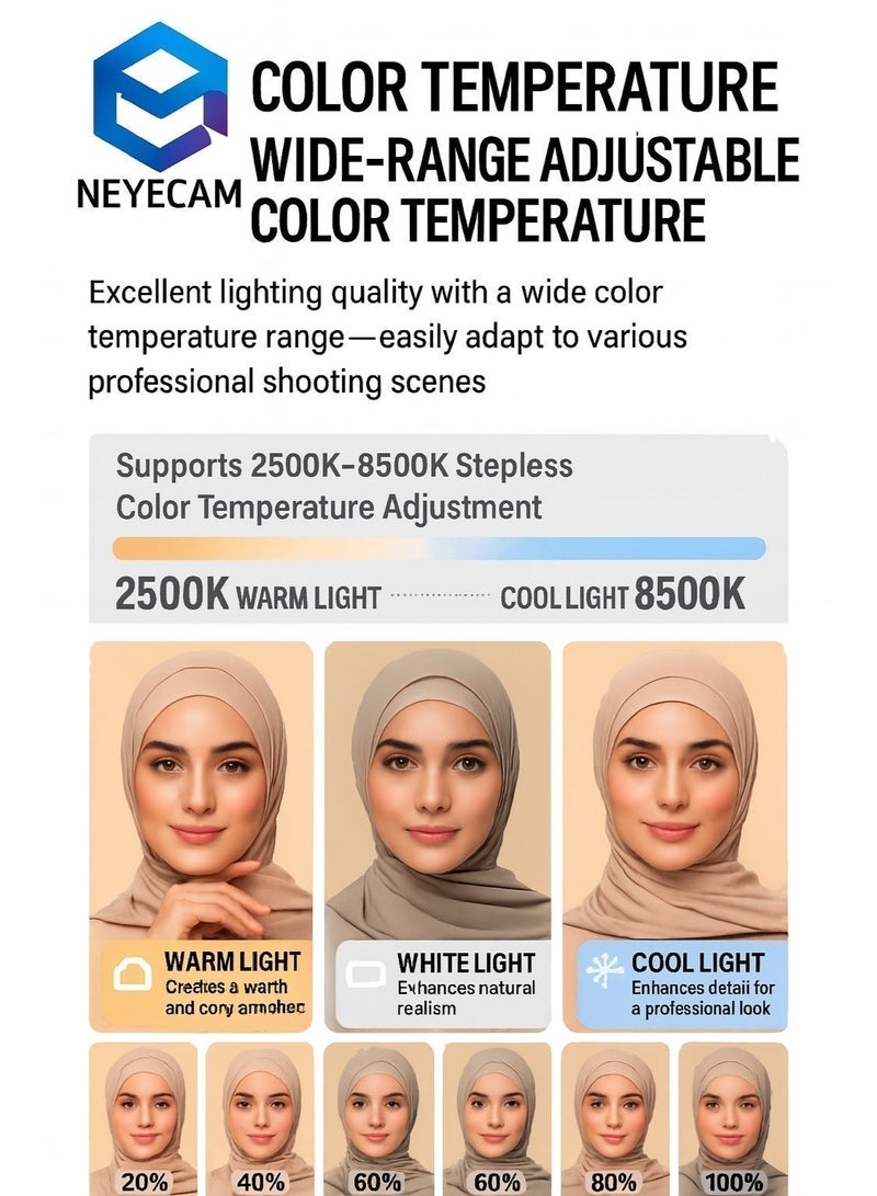 نييكام مصباح فيديو محمول من Neyecam بتقنية RGB مع 48 وضعًا للمؤثرات الخاصة، إضاءة LED ثنائية اللون بقوة 20 واط وبطارية قابلة لإعادة الشحن بسعة 8000 مللي أمبير في الساعة، نطاق درجة حرارة اللون 2500-8500 كلفن، مزود بجهاز تحكم عن بعد بتقنية البلوتوث ومشبك للهاتف الذكي، مثالي لتصوير الفيديوهات، التسجيل، المكياج، فيديوهات تيك توك ويوتيوب. - Image 4