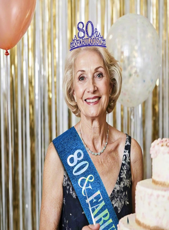 هابدو زينة عيد ميلاد هابدو الملكي الأزرق للنساء بمناسبة عيد ميلادهن الثمانين، وشاح وتاج عيد الميلاد الثمانين، وزينة حفلات رائعة مع تاج ووشاح. - Image 3