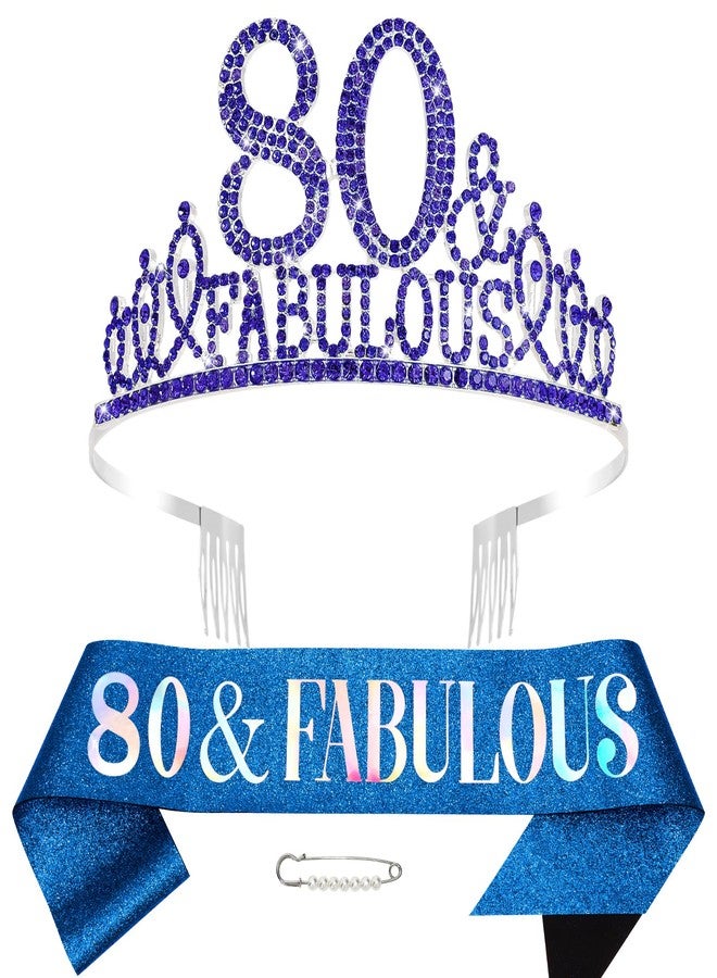 هابدو زينة عيد ميلاد هابدو الملكي الأزرق للنساء بمناسبة عيد ميلادهن الثمانين، وشاح وتاج عيد الميلاد الثمانين، وزينة حفلات رائعة مع تاج ووشاح. - Image 1