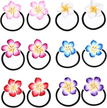 minkissy 12pcs Plumeria Hair Rope 4cm Hawaiian Elastic Hair Rope Ties Flowers Ponytails Bands Flower Beach HairRing for Women Girls Party 6 Colors - Image 1