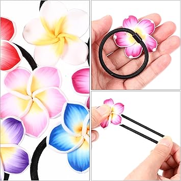 minkissy 12pcs Plumeria Hair Rope 4cm Hawaiian Elastic Hair Rope Ties Flowers Ponytails Bands Flower Beach HairRing for Women Girls Party 6 Colors - Image 3