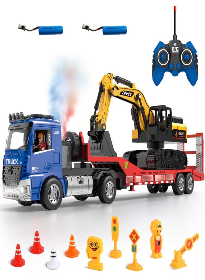 Fistone RC Semi-Trailer Truck & Friction Powered Excavator Toy Set, 1:24 Scale with Sound and Lights, 6 CH Remote Control Flatbed Truck and Inertia-Powered Excavator Toys for Kids Boys, Blue - Image 1