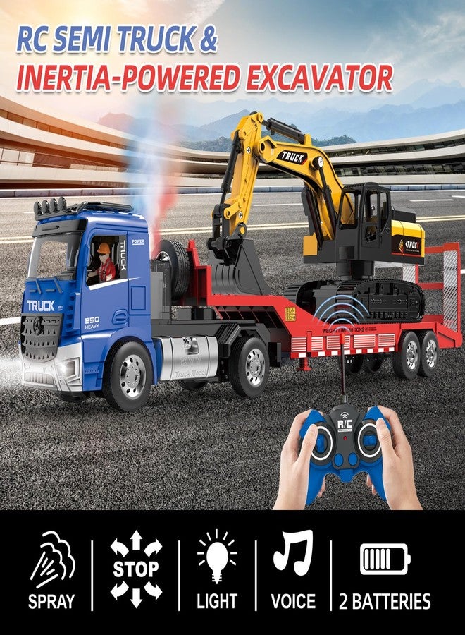 Fistone RC Semi-Trailer Truck & Friction Powered Excavator Toy Set, 1:24 Scale with Sound and Lights, 6 CH Remote Control Flatbed Truck and Inertia-Powered Excavator Toys for Kids Boys, Blue - Image 2
