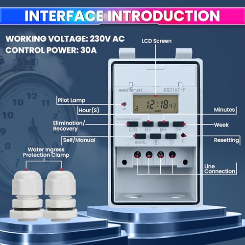 amiciSmart 230V 30A Digital Programmable Timer Switch with Loop Mode | IP65 Waterproof | 20 ON/Off Schedules | LCD Display | Auto Keyboard Lock | for Industrial & Home Automation - Image 2