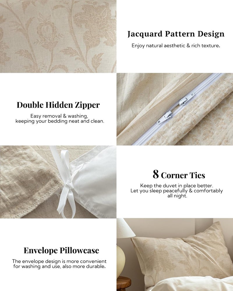 MILDLY Linen Cotton Duvet Cover - Jacquard Textured Botanical Comforter Cover Set 3pcs with Zipper Closure Breathable & Minimalist for All Season - Image 4